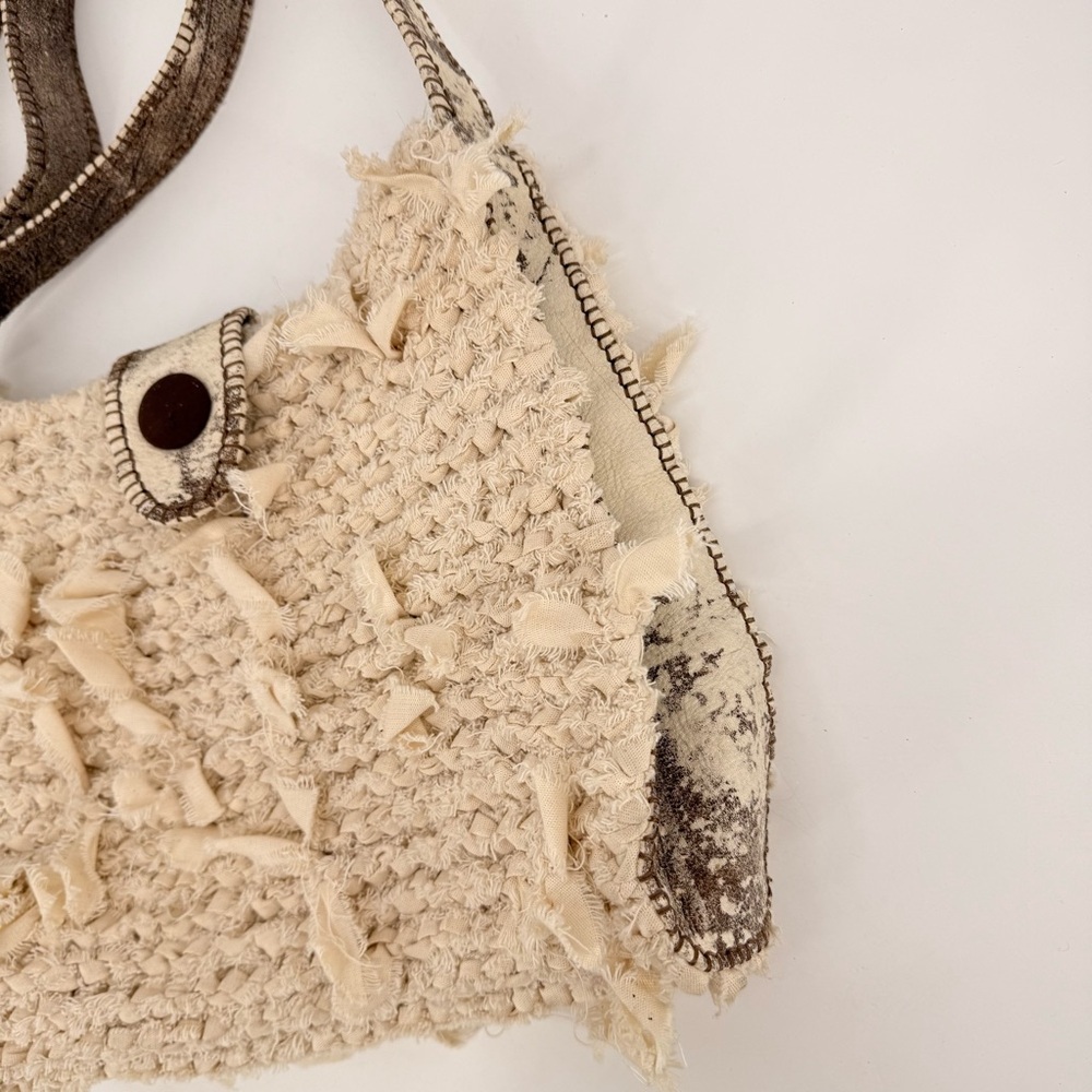Handmade Boho Crochet Crossbody Bag Leather Trim‎ Satin Lined Neutral Rustic - Picture 15 of 15